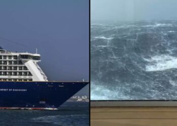 Angstaanjagende beelden tonen enorme golven die een dode en 100 gewonden hebben veroorzaakt op cruise naar het Verenigd Koninkrijk